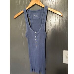 Aerie Ribbed Henley Tank Top Blue Racerback Lettuce Hem Scoop Neck Small
